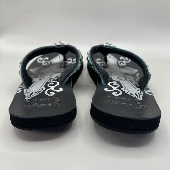 Cowgirl Jewels Rhinestone Turquoise Black Leather Flip Flop Sandals Size 8 - Picture 8 of 9